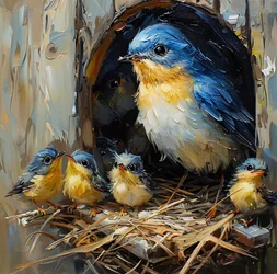 Un pájaro de colores y su cría en un nido en un árbol, decoración de pared para dormitorio