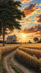 Una casa de campo en un camino de tierra, rodeada de un maizal, decoración mural