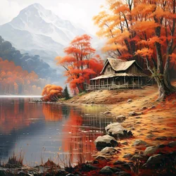 Pintura de una cabaña en el bosque junto a un río, decoración de pared para dormitorio
