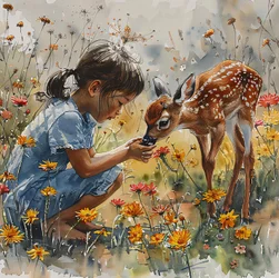 acuarela Niña alimentando a una cría de ciervo, corzo moteado