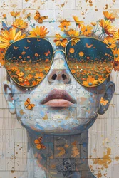 Cara de mujer de cerca con flores del Olimpo, decoración de pared moderna
