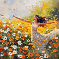 Mujer sonriendo y bailando en un prado de flores