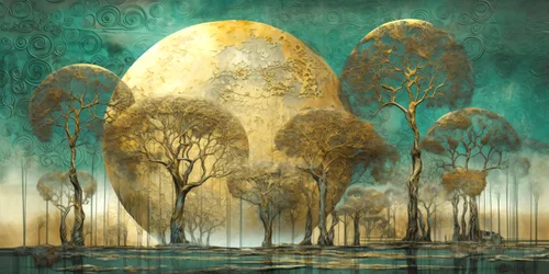 Paisaje arbóreo abstracto surrealista en tonos suaves, decoración de pared moderna