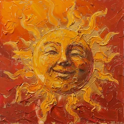 Un sol regordete pintado sobre un fondo rojo y velado, impresiones artísticas en lienzo