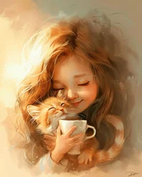 La niña, su gato y el amor por el buen café, decoración de pared enmarcada