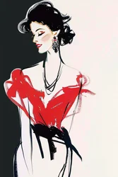 Moda Paris, Vestido rojo y negro, Estilo René Gruau, Maquillaje posando a la francesa