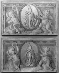 Par de sobrepuertas con Diana o una ninfa en un medallón ovalado sostenido por amorini, 1770-90