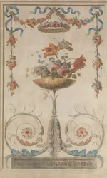 Jarrón de flores sobre rollos de follaje, 1770-90