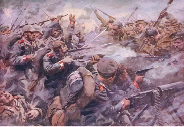 La derrota de la Guardia Prusiana en Zonnebeke, de History of the Great War Vol 3 publicado por Waverley Book Co Limited, c.1920