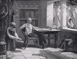 Jenofonte dictando su historia, ilustración de 