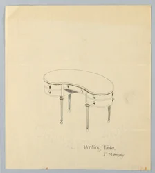 Diseño para mesa de escritura en forma de riñón con patas en forma de pera