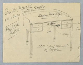 Diseño para mesa de escritura con incrustaciones de caoba para George M. Nowell