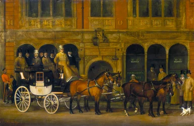 El coche de Brighton de James Selby fuera de la Nueva Bodega del Caballo Blanco, Piccadilly, c. 1888
