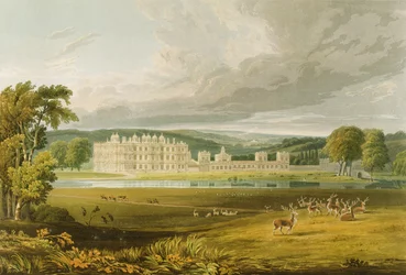 Longleat, Wiltshire, la sede del Marqués de Bath, después de un boceto de Frederick MacKenzie, grabado por Robert Havell, 1816
