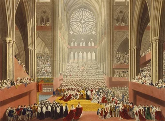 La ceremonia del homenaje, 19 de julio de 1821, de un álbum que celebra la coronación del rey Jorge IV (1762-1830) grabado por William James Bennett (1787-1844) publicado en 1824