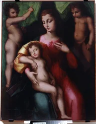 ""La Virgen adorando al Niño Jesús dormido con dos Ángeles"" (Virgen adorando al Niño Jesús dormido con dos Ángeles) Pintura de Andrea Piccinelli conocida como el Brescianino (1485- después de 1525) 1510 aproximadamente Ivan Kramskoy Museo de Bellas Artes 