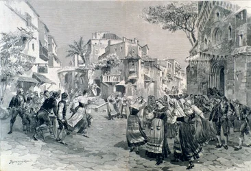 La escena final de Cavalleria rusticana, ópera de Mascagni, en el teatro alla Scala en 1891