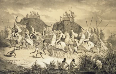 Cabalgata de caciques sijs en elefantes, de "Viaje a la India", grabado por Louis Henri de Rudder (1807-81) publicado en Londres