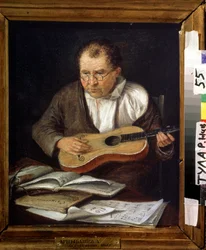Guitar Player. Pintura de A. Artsybashev (siglo XIX). Óleo sobre lienzo, 30,5 x 26 cm