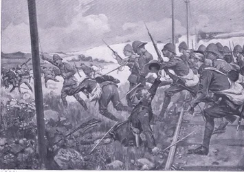 Carga de los fusileros escoceses en Frederikstad (ilustración de After Pretoria: The Guerilla War, 1902)