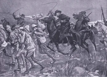 El trato de De Wet a los prisioneros de guerra británicos en la marcha (ilustración de After Pretoria: The Guerilla War, 1902)