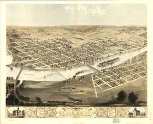 Vista aérea de la ciudad de Cedar Rapids y Kingston, condado de Linn, Iowa 1868. LOC 73693391