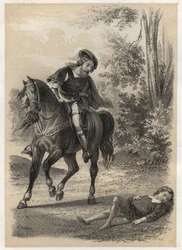 Jacques Amyot (1513-1593), rescatado, a la edad de 10 años por un viajero. Grabado por A. Duruy en 