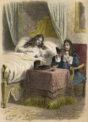 Luis XIV Rey de Francia gustaba de escuchar a Jean Racine leer y lo traía cuando estaba enfermo. Grabado por A. Duruy en “Illustrations litteraires de la France; or, Galerie anecdotique de nos principaux auteurs ints par leurs actions et leurs inscriptions