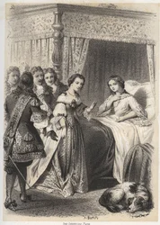 Madame Deshoulières, Antoinette Ligier de La Garde (1637-1694) abrumada con preguntas por su entorno después de una noche pasada con el miedo al fantasma. Grabado por A. Duruy en "Ilustraciones literarias de Francia; o, Galería anecdótica de nuestros pr