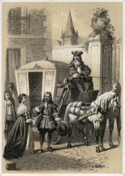 Marie de Rabutin-Chantal (Rabutin Chantal), Marquesa de Sévigné llamada Madame de Sévigné (1626-1696) obligando a Gilles Ménage (1613-1692), gramático y escritor francés a montar en su carruaje. Grabado por A. Duruy en “Illustrations littéraires de la Fran