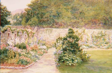 El jardín en Undermount, Bonchurch, Isla de Wight con St. Boniface en la distancia