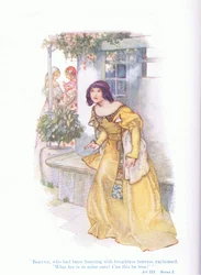 Beatriz, que había estado escuchando con interés sin aliento, exclamó "¿Qué fuego hay en mis oídos, puede ser esto verdad?" (Mucho ruido y pocas nueces), de Cuentos de Shakespeare publicado por Ward Lock & Co Ltd