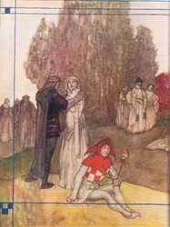 Diseño del interior de la portada, de Cuentos de Shakespeare publicado por Ward Lock & Co Ltd, 1930-40s