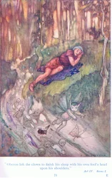 Oberón dejó al payaso para que terminara su sueño con la cabeza de tonto sobre sus hombros (Sueño de una noche de verano), de Tales from Shakespeare