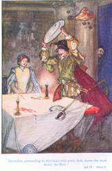 Pettruchio, fingiendo encontrar fallos en cada plato, arrojó la carne al suelo (La fierecilla domada), de Cuentos de Shakespeare pub. por Ward Lock & Co Ltd