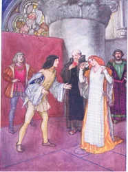 Quitándose la máscara, la dama desconocida resultó no ser sobrina (como se presentó) por la propia heroína (Mucho ruido y pocas nueces), de Cuentos de Shakespeare pub. por Ward Lock & Co Ltd