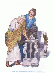 Timon pidió al bondadoso mayordomo que se consolara (Timón de Atenas), de Cuentos de Shakespeare pub. por Ward Lock & Co Ltd