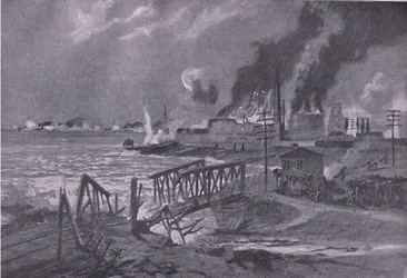 Destrucción de un astillero en Bari (Italia) por destructores de torpedos austrohúngaros, de La Historia Ilustrada de la Primera Guerra Mundial 1914-1915 publicada por Union Berlagsefellfchaft