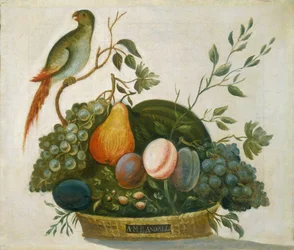 Cesta de fruta con loro