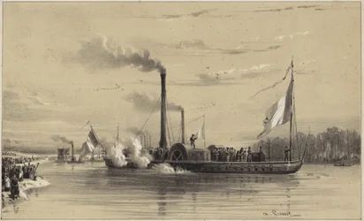 Gente en la orilla despidiendo un barco de vapor