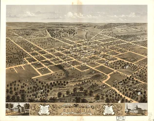 Vista aérea de la ciudad de Columbia, condado de Boone, Misuri 1869. LOC 73693473