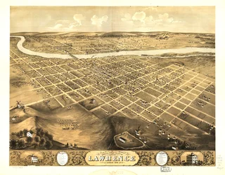 Vista aérea de la ciudad de Lawrence, Kansas 1869. LOC 73693409
