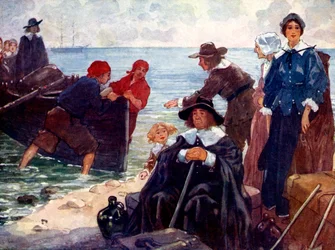 Un grupo de exiliados amarró su barca en la costa salvaje de Nueva Inglaterra, 1620, 1905.