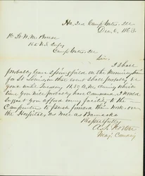 Carta firmada A.S. Norton, Comandante Mayor, Cuartel General, Campamento Yates, Ill., al Primer Teniente W.M. Breese, 16º de Infantería de EE. UU., Campamento Gates, Ill., 6 de diciembre de 1863