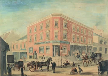 Esquina de las calles George y Hunter, Sídney, 1849