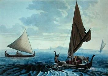Vista de la isla de Tinian: canoas de la isla Caroline, de 
