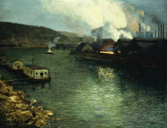 Atardecer, fábricas en el río