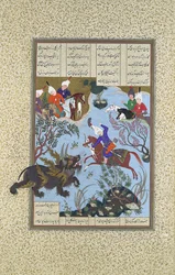 Bahram Gur mata al rinoceronte-lobo, Folio 586r del Shahnama Libro de los Reyes..., ca. 1530-35