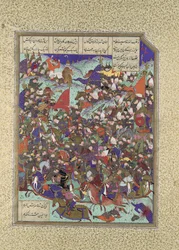 Kai Khusrau Derrota al Ejército de Makran, Folio 376v del Shahnama Libro de los Reyes, ca. 1525-30