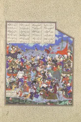 La Batalla de Pashan Comienza, Folio 243v del Shahnama Libro de los Reyes, ca. 1530-35